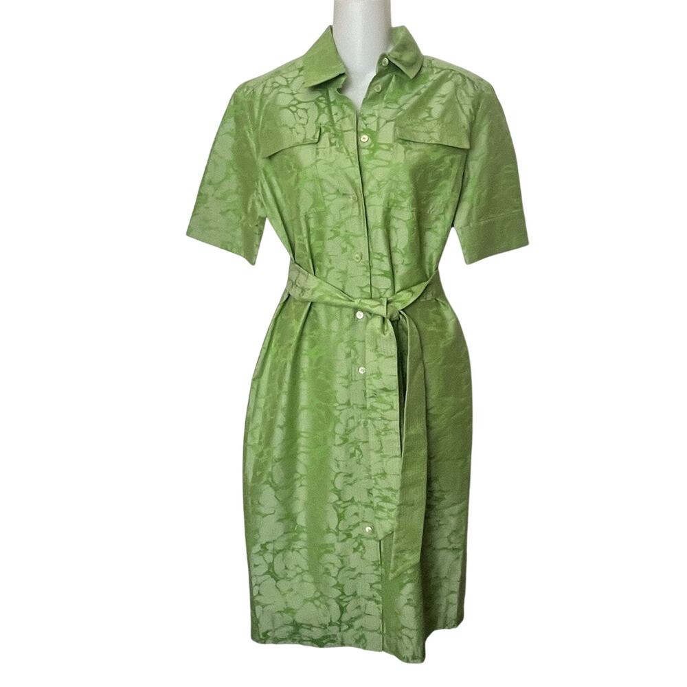 FERAUD Shirt Dress Button Front Belted Textured Women’s Sz 8 Green Silk Blend